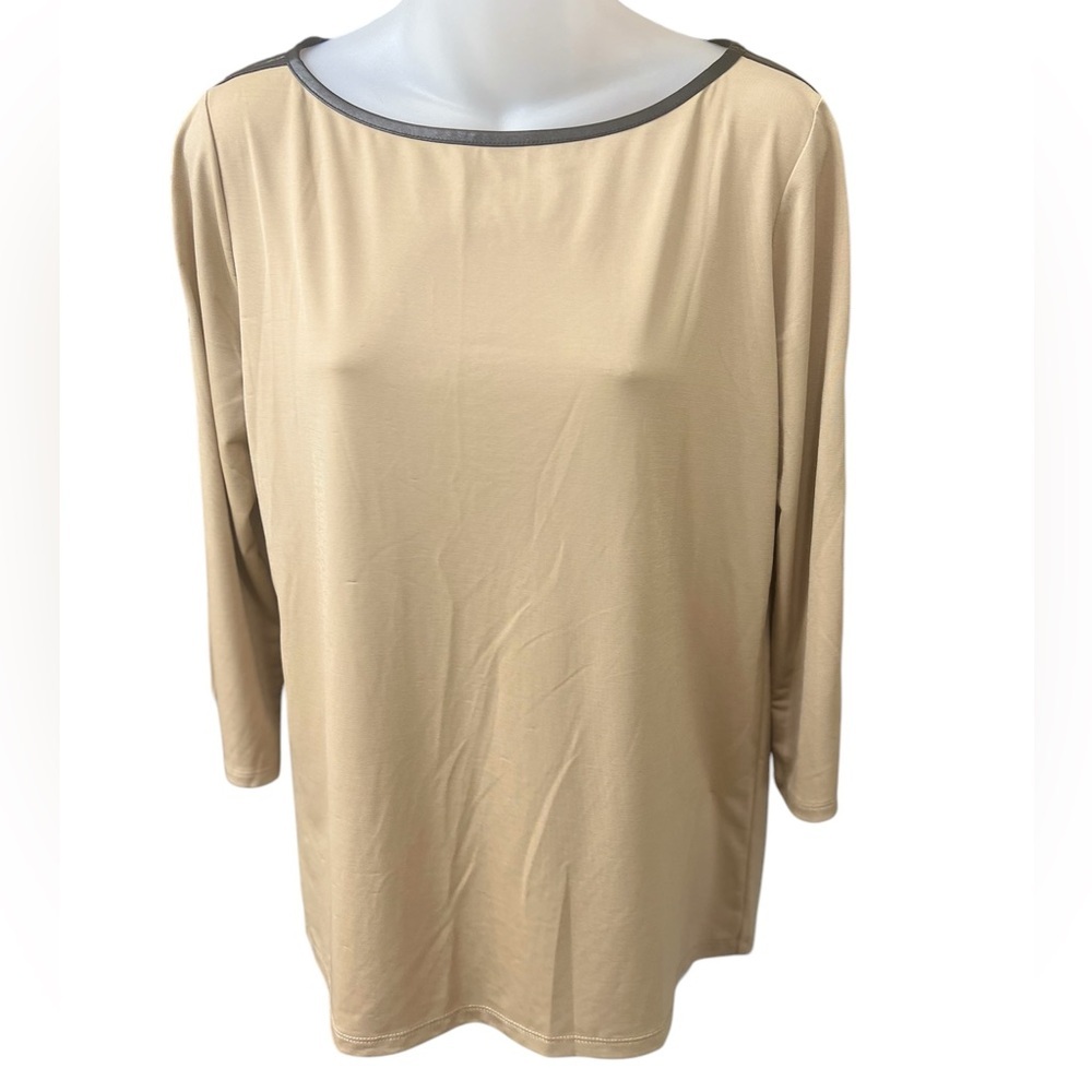 Ann Taylor Camel Scoop Neck half-sleeves black band trim blouse size Medium